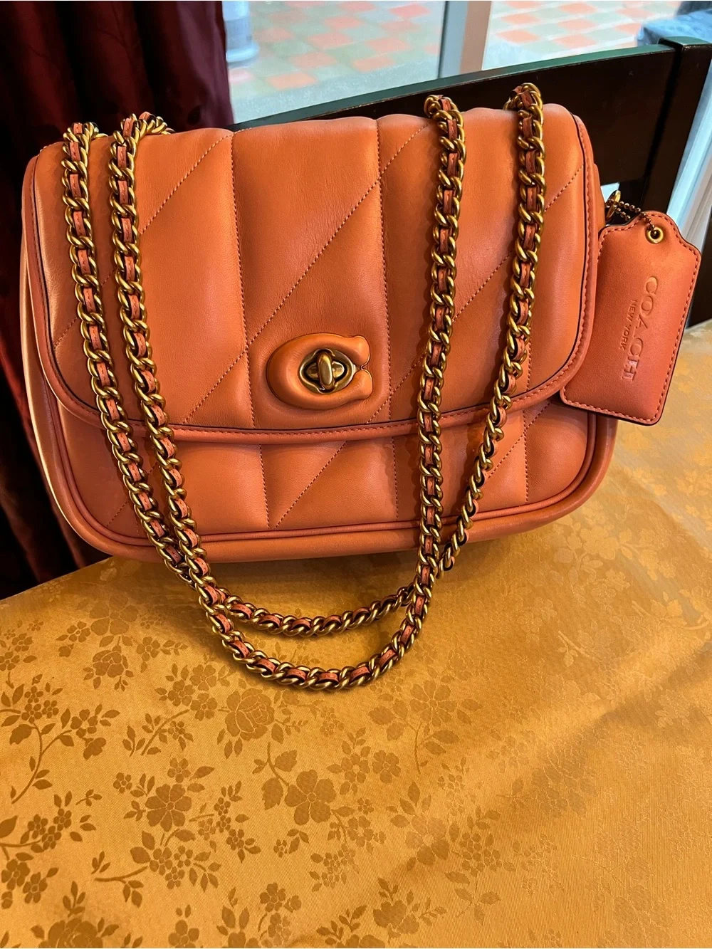 Coach Quilted Leather Shoulder Bag in Coral Orange with Gold Chain